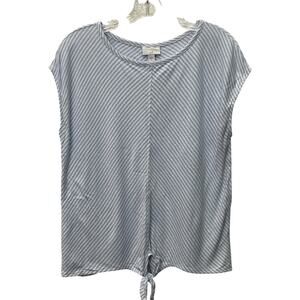 J.Jill Womens Large Light Blue White Striped Tie Bottom Front Cap Sleeve Blouse